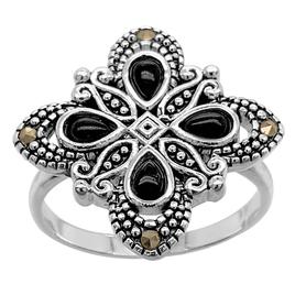 Marsala 20mm Silver Plated Marcasite & Onyx Inlay Ring