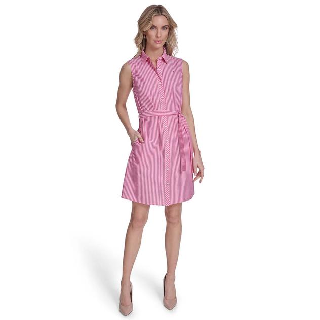 Womens Tommy Hilfiger Sleeveless Stripe Tie Waist Shirtdress