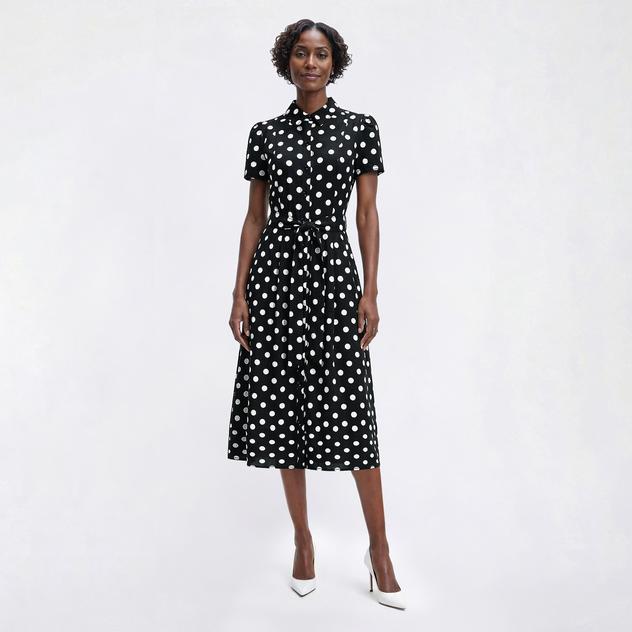 Womens Kasper Short Puff Sleeve Dot Midi Shirtdress