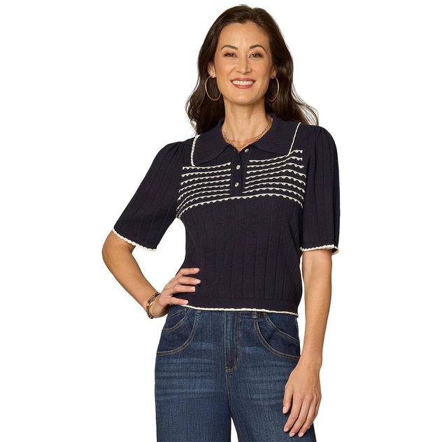 Womens Democracy Elbow Sleeve Scallop Stripe Rib Knit Sweater