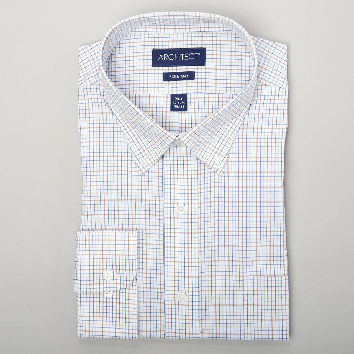 Mens Big & Tall Architect(R) Tall Fit Plaid Dress Shirt-Blue/Taupe
