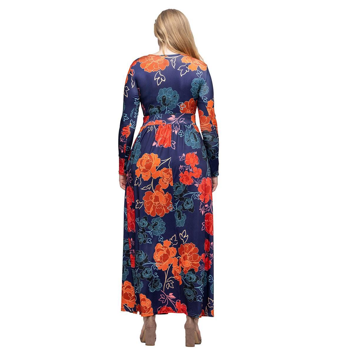 Womens 24/7 Comfort Apparel Navy Floral Long Sleeve Maxi Dress
