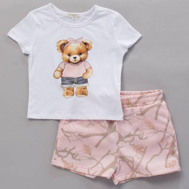 Girls (7-16) No Comment Teddy Graphic Tee W/ Print Shorts
