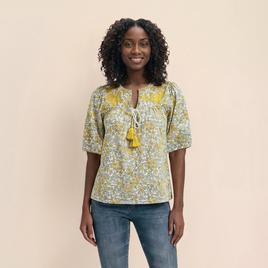 Womens MNK Elbow Sleeve Tie Keyhole Neck Floral Blouse