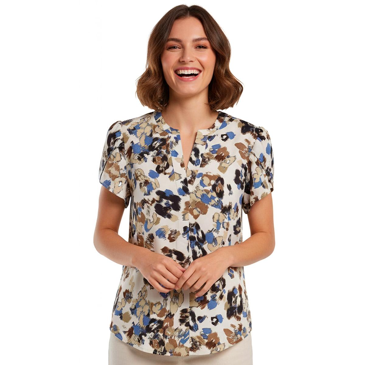 Womens Anne Klein Tulip Sleeve Split Neck Blurred Abstract Blouse