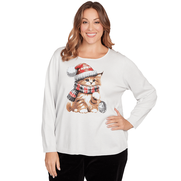 Plus Size Emaline Holiday Items Long Sleeve Round Neck Kitten Tee