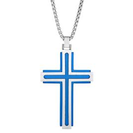 Mens Lynx Stainless Steel with Blue Ion Plating Cross Pendant