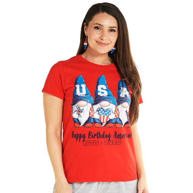 Womens Home of the Brave Happy Birthday America Gnomes Tee