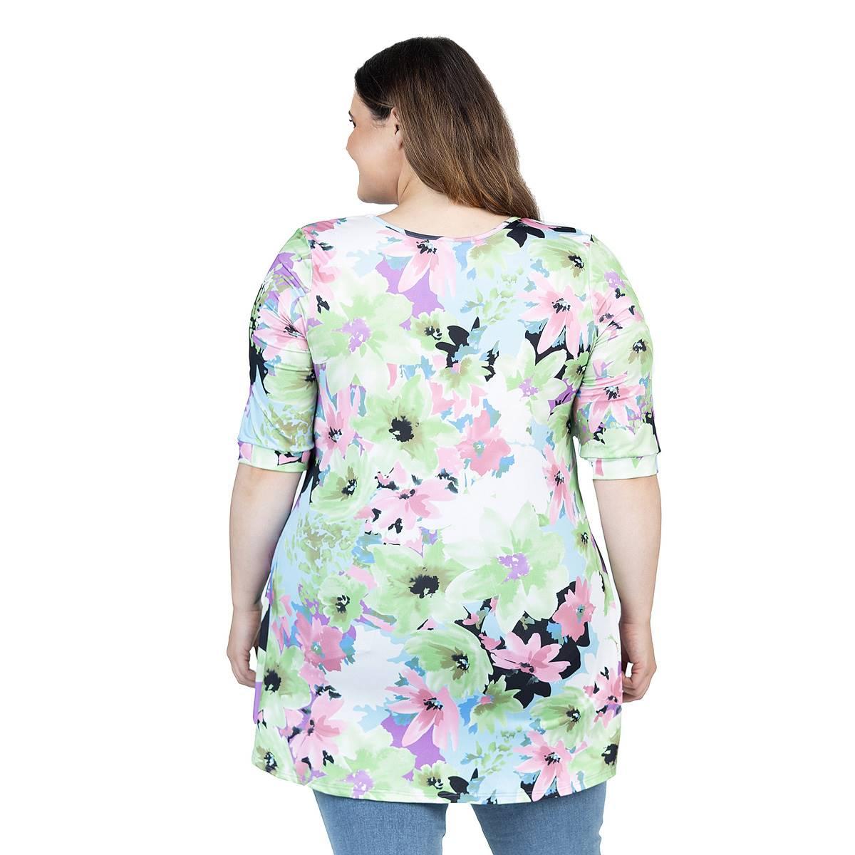 Plus Size 24/7 Comfort Apparel Floral Elbow Sleeve V-Neck Top