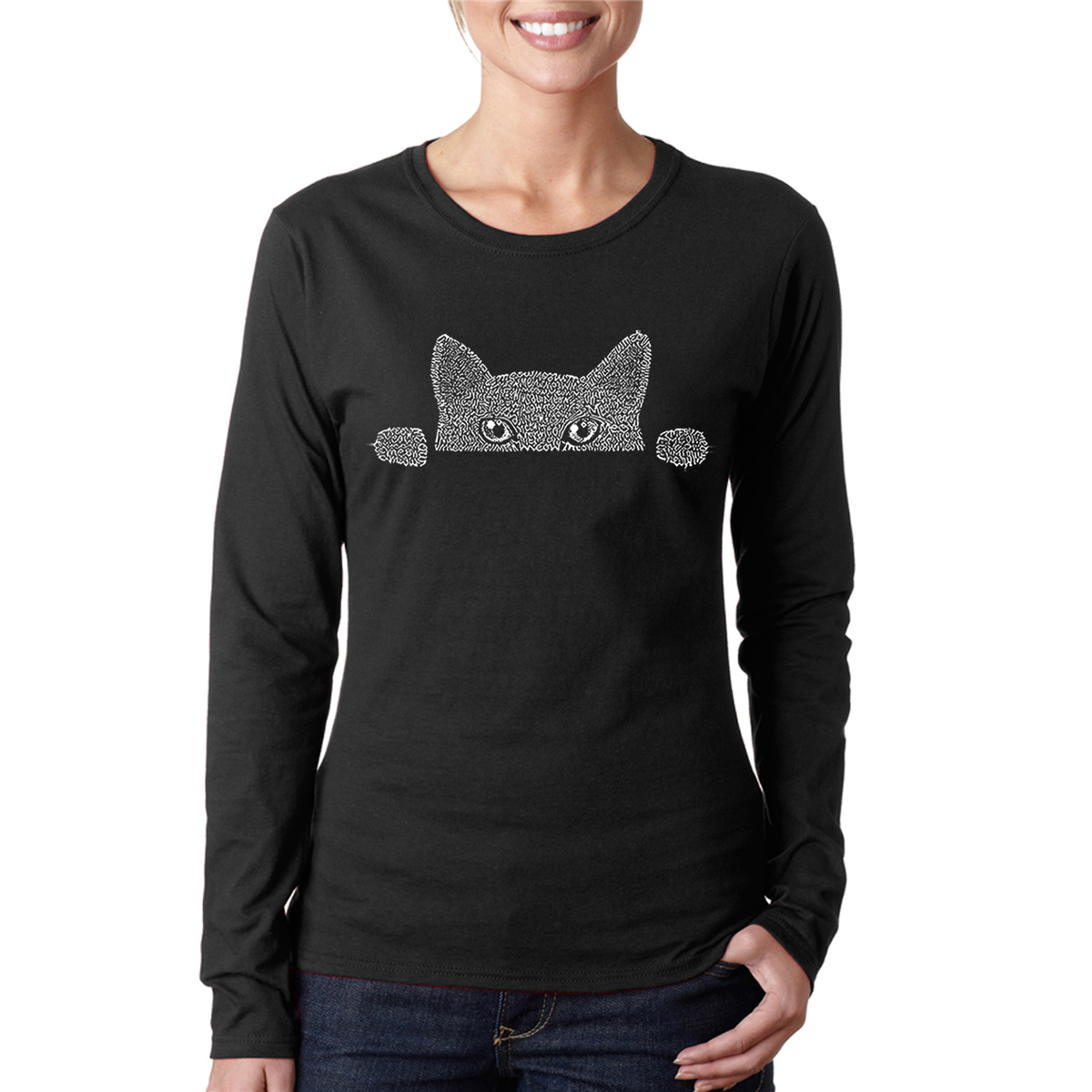Womens LA Pop Art Peeking Cat - Word Art Long Sleeve T-Shirt
