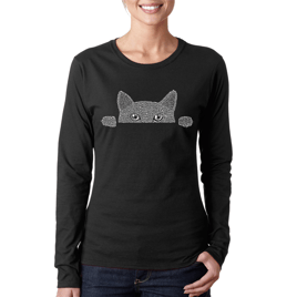 Womens LA Pop Art Peeking Cat - Word Art Long Sleeve T-Shirt