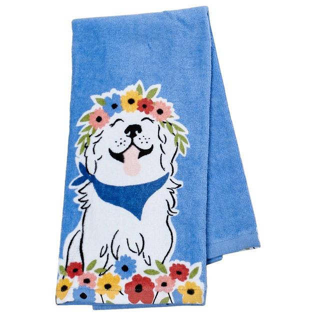 Floral Crown Dog Blue Kitchen Towel