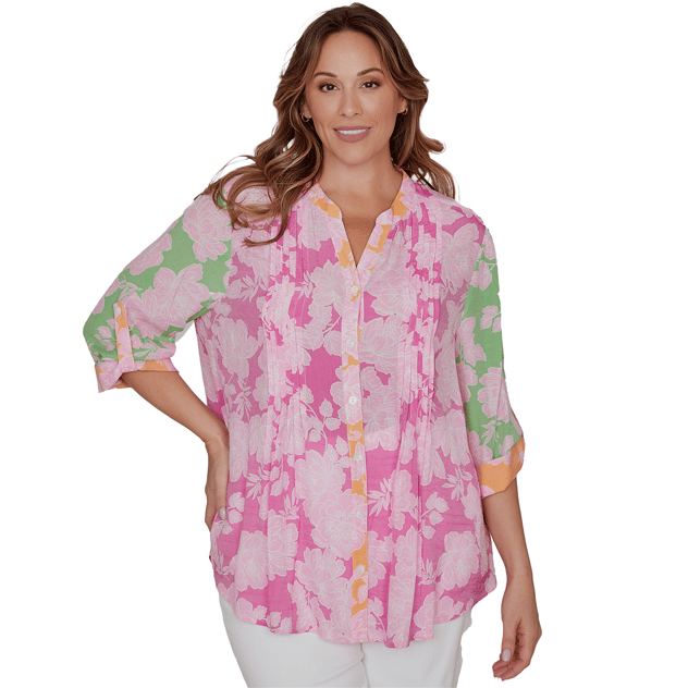 Plus Size Ruby Rd. Hothouse Florals Roll Tab Sleeve Blouse