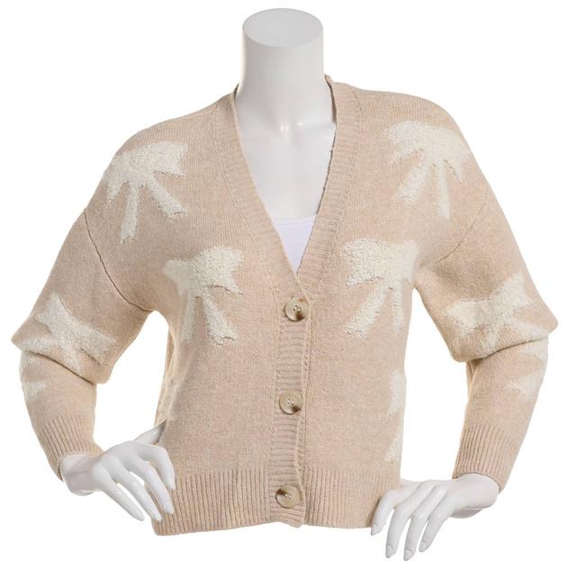 Juniors No Comment Mossy Boucle Bow Button Front Cardigan