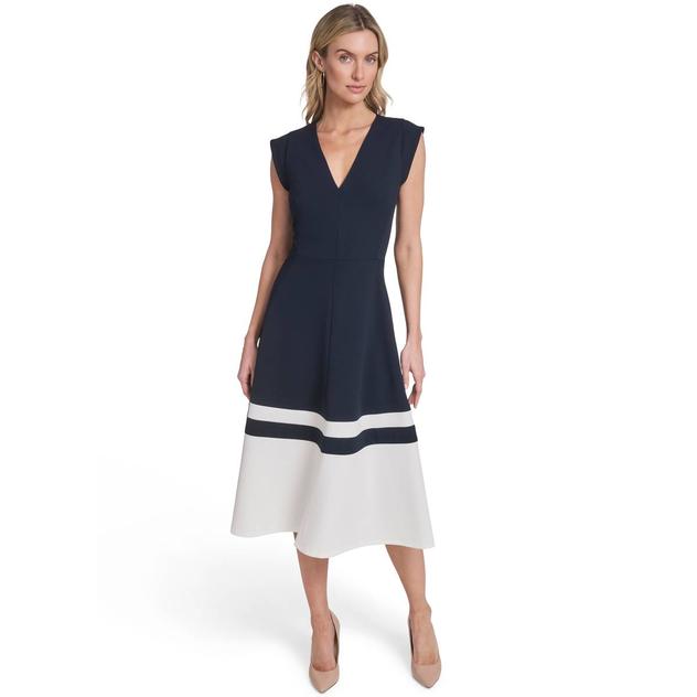 Womens Tommy Hilfiger Cap Sleeve V Neck Color Block Midi Dress