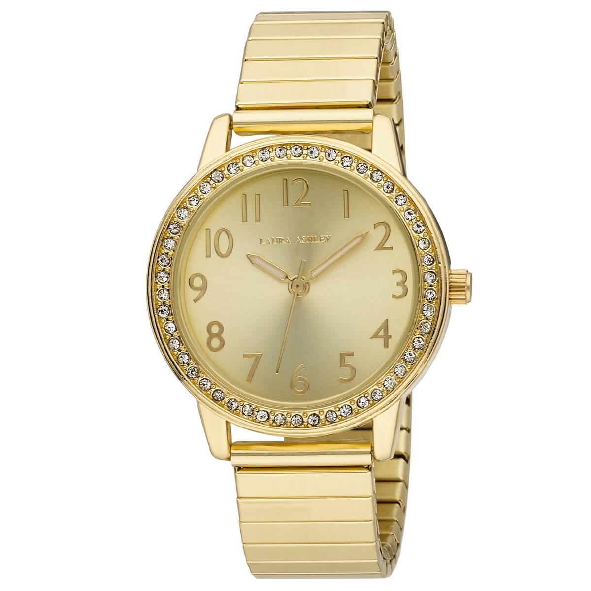 Womens Laura Ashley(R) Gold Stone Bezel Stretch Watch - LA2053YG