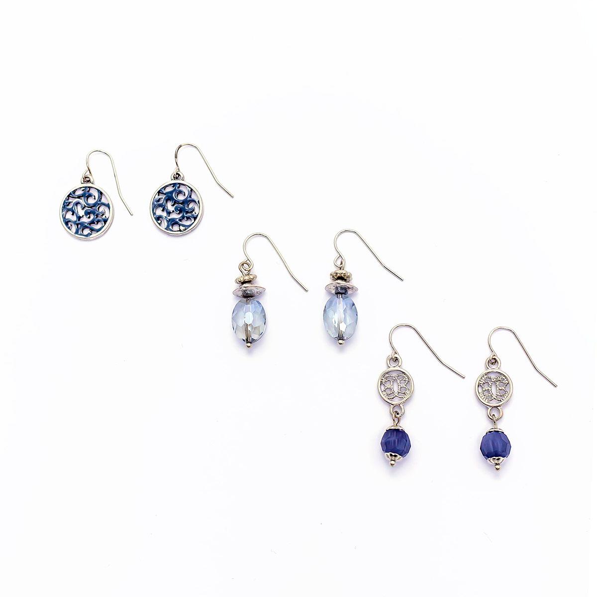 Ruby Rd. Set of 3 Silver-Tone & Blue Drop Earrings