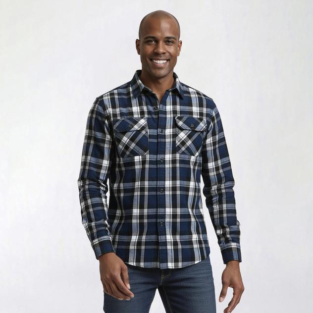Mens FiveBrother® Long Sleeve Flannel Shirt - Navy/White