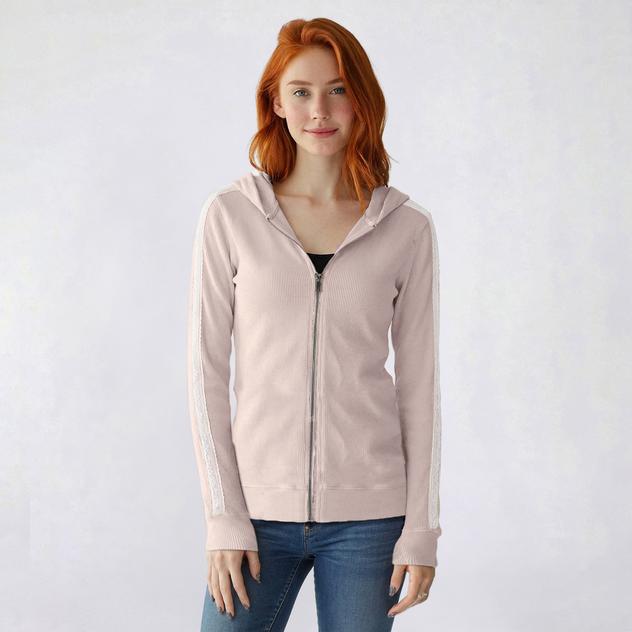 Juniors No Comment Waffle Ditsy Lace Zip Hoodie with Thumbhole