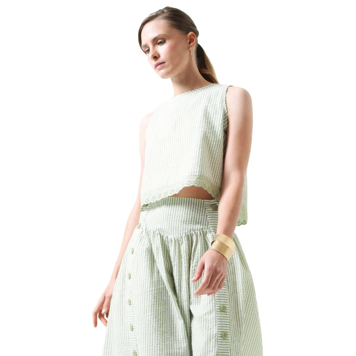 Womens MNK Seersucker Stripe Embroidered Hem Blouse