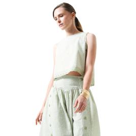 Womens MNK Seersucker Stripe Embroidered Hem Blouse