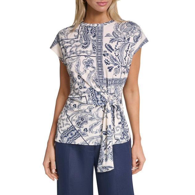 Womens Halston Cap Sleeve Tie Waist Floral Tile Blouse