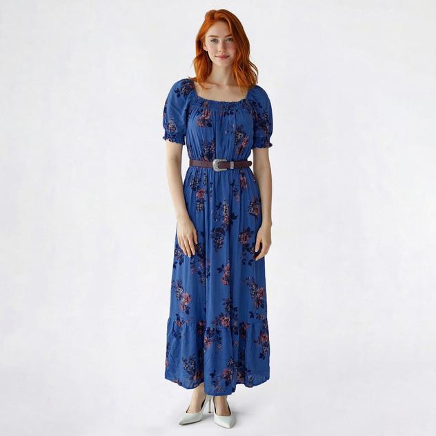 Juniors Wallflower Smock Neck Puff Sleeve Belt Maxi Floral Dress