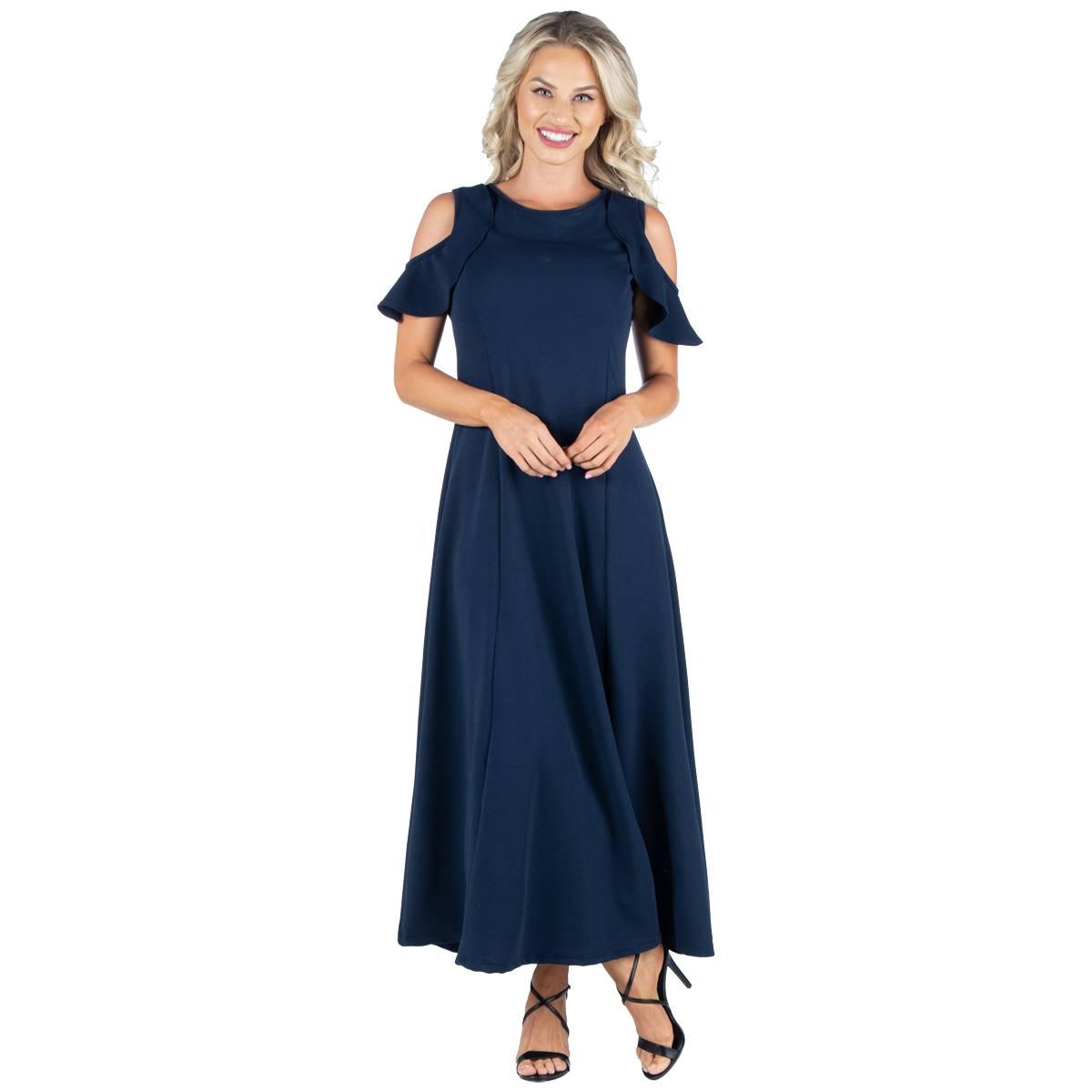 Womens 24/7 Comfort Apparel Ruffle Cold Shoulder Maxi Dress