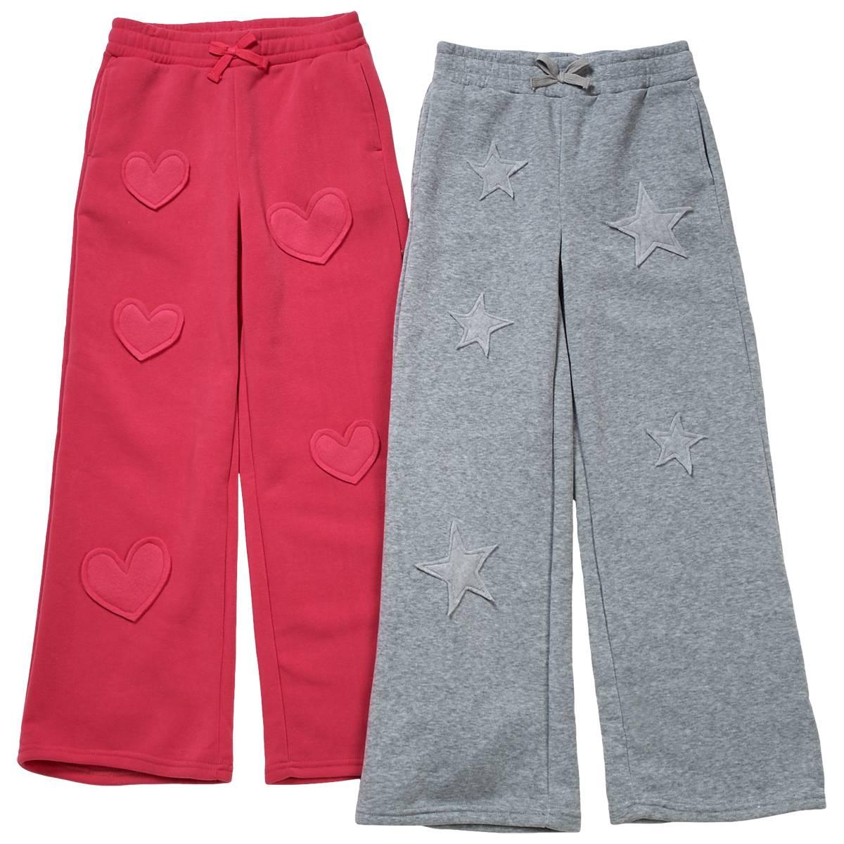 Girls (7-14) 1st Kiss 2pk. Fleece Wide Leg Star/Heart Patch Pants