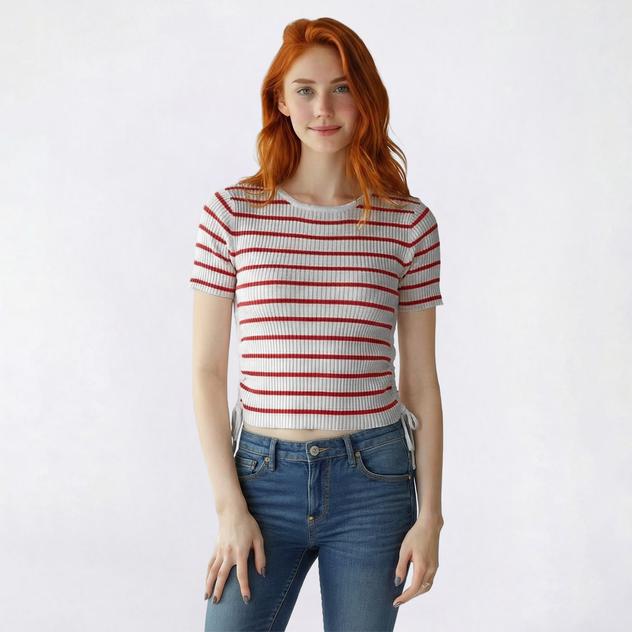 Juniors Pink Rose Short Sleeve Stripe Ruched Cropped Sweater