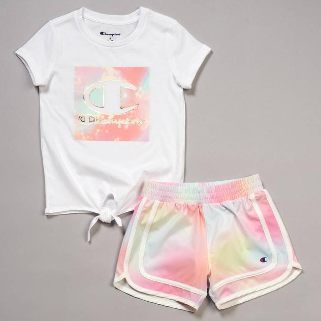 Girls (4-6x) Champion® 2pc. Tie Front Tee w/ Ombre Woven Shorts