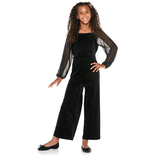 Girls (7-16) Xtraordinary® Rhinestone Velvet Jumpsuit W/ Bow Clip