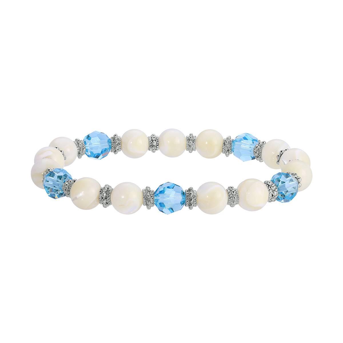 1928 Silver Tone Mother Of Pearl w/Aqua Stone Stretch Bracelet