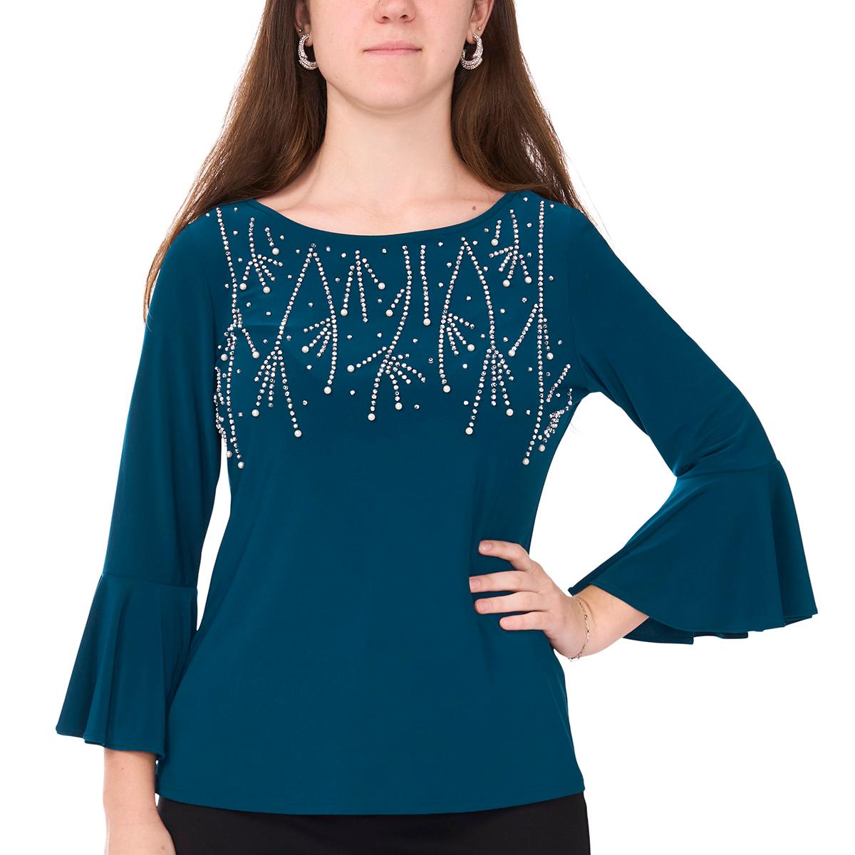 Petite MSK Ruffle Sleeve Boat Neck Beaded Trim Top