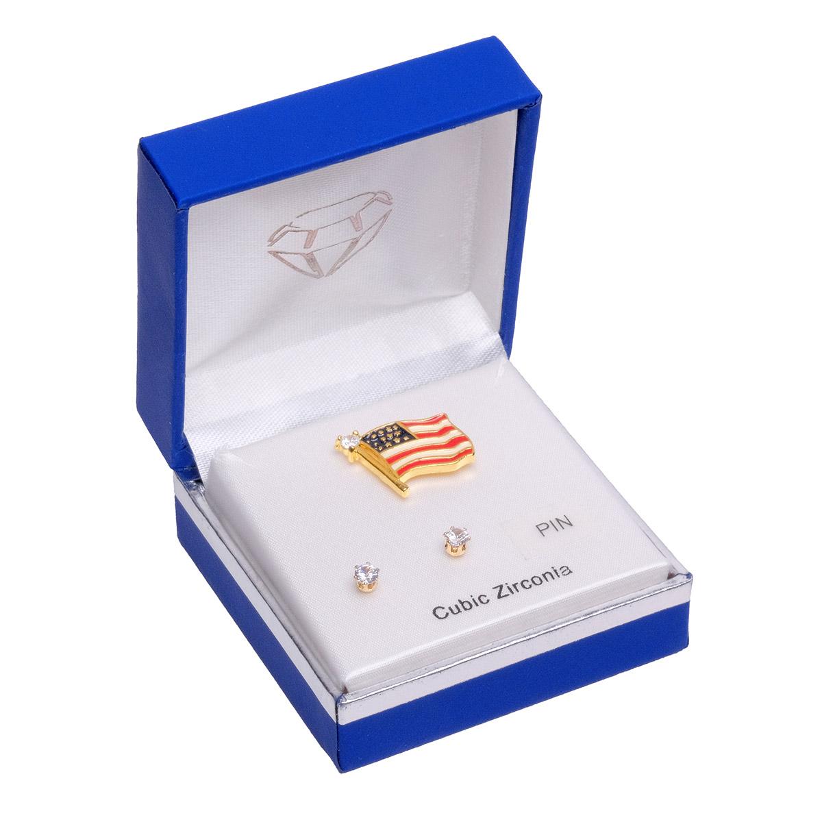 Gold-Tone CZ American Flag Lapel Pin & CZ Earring Set