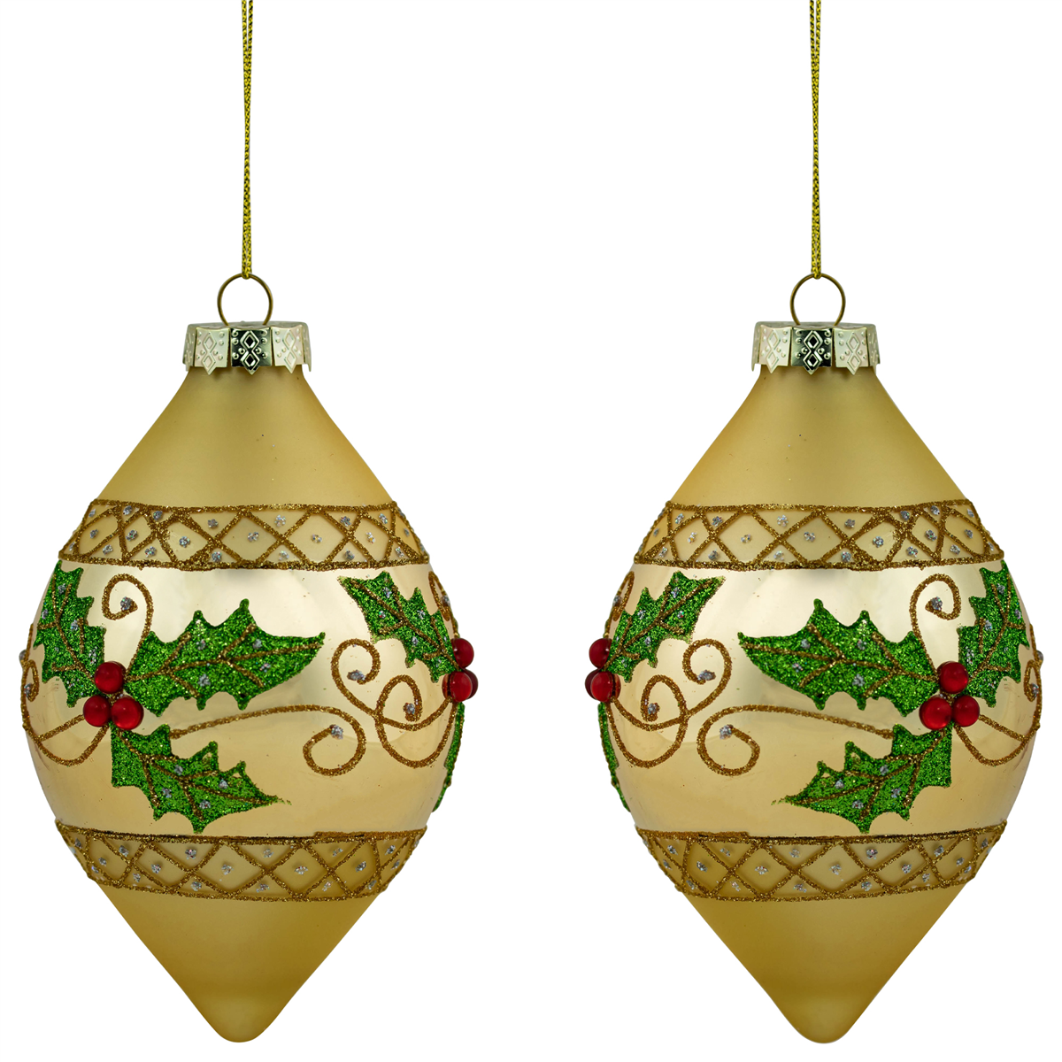 Northlight 2pc. Golden Glitter Holly Finial Christmas Ornaments