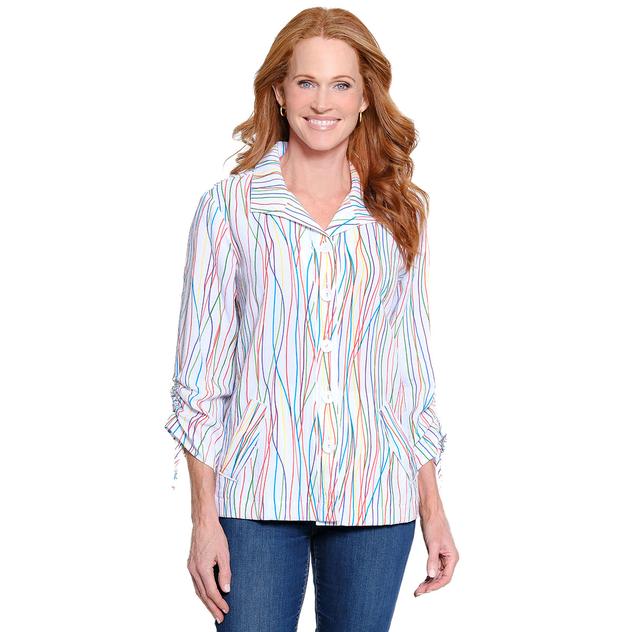 Womens Ali Miles 3/4 Sleeve Wavy Stripe Button Front Blouse