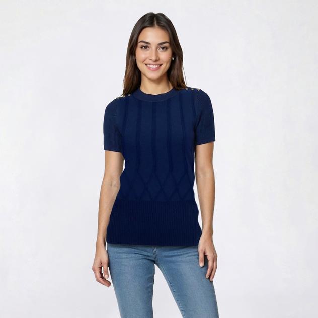 Petite Rio & Rian Short Sleeve Solid Diamond Ribbed Sweater