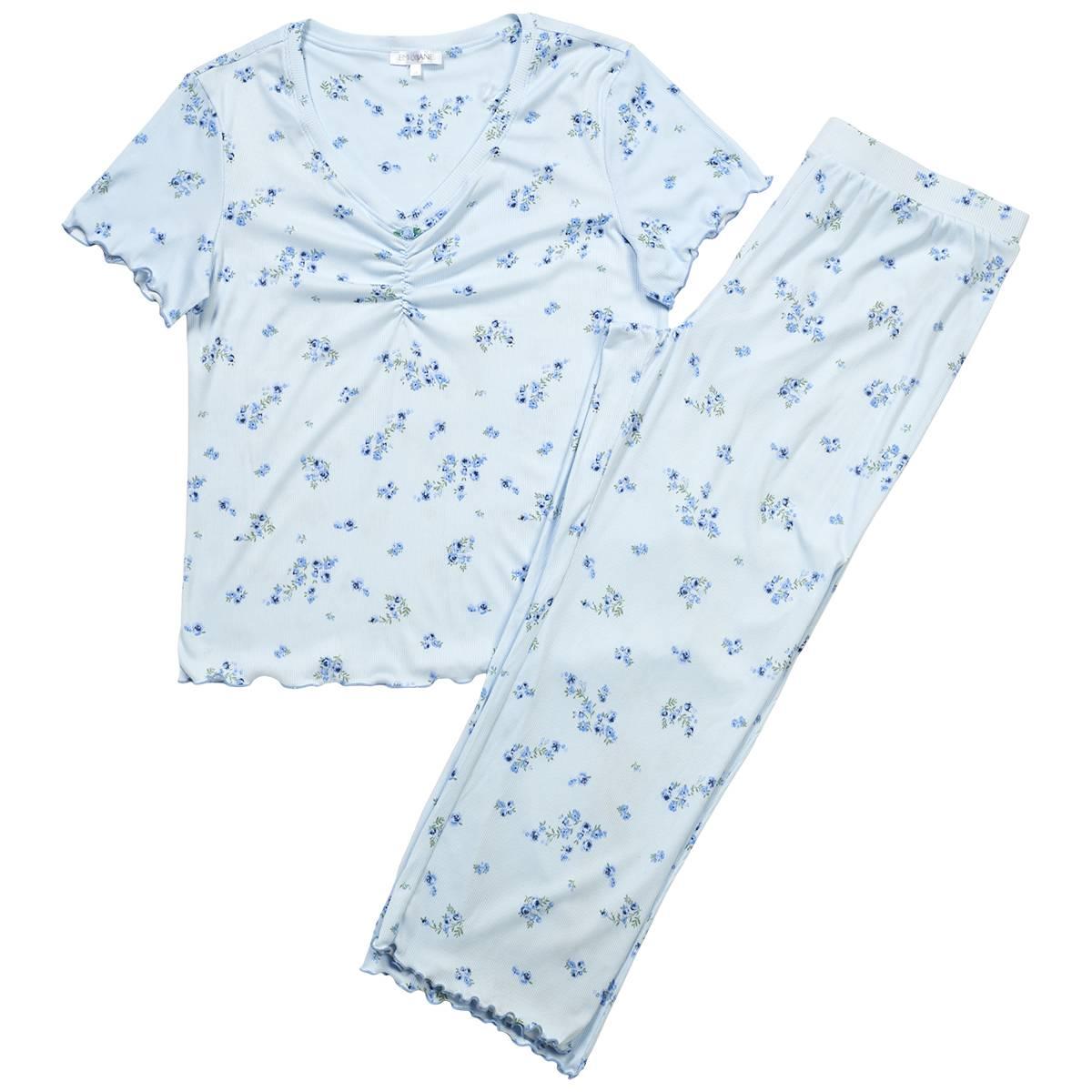 Womens Emily & Jane Lettuce Edge Floral  V-Neck Capri Pajama Set