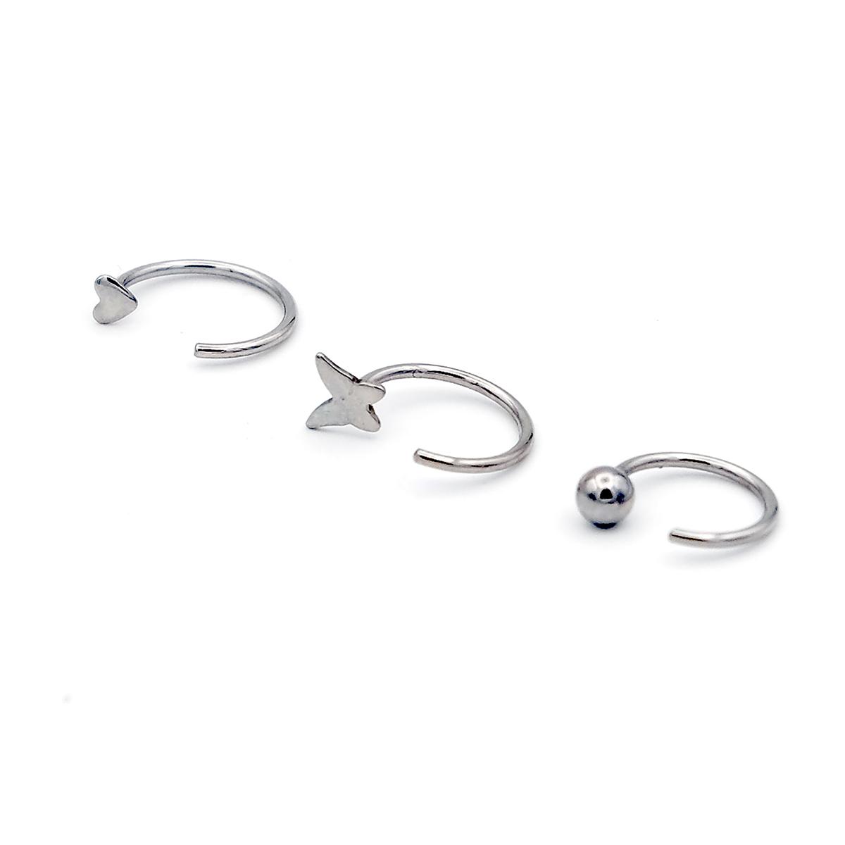 3pk. 20-Gauge Surgical Steel Heart Butterfly & Ball Open Nose Set
