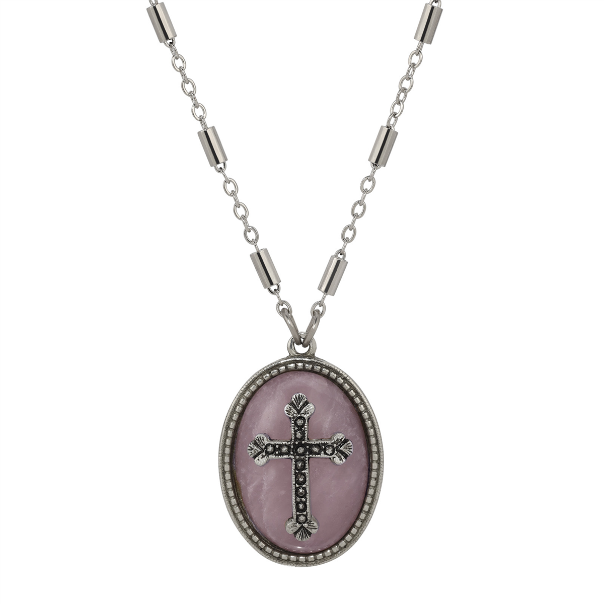 Symbols of Faith Oval Semi-Precious Pewter Cross Necklace