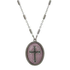 Symbols of Faith Oval Semi-Precious Pewter Cross Necklace