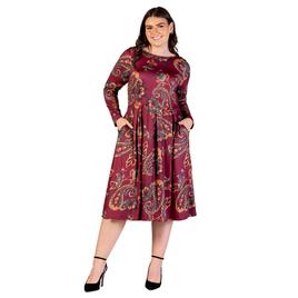 Plus Size 24/7 Comfort Apparel Wine Paisley Midi Pocket Dress