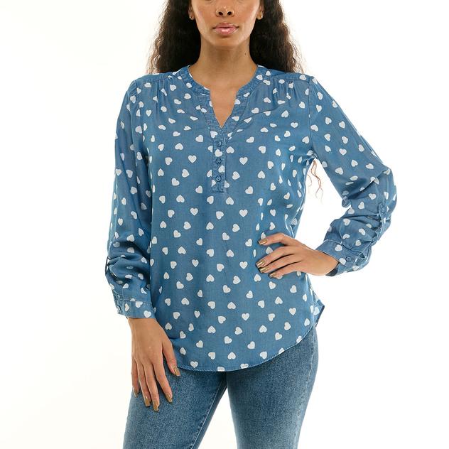 Womens Zac & Rachel Roll Tab Sleeve All Over Heart Blouse