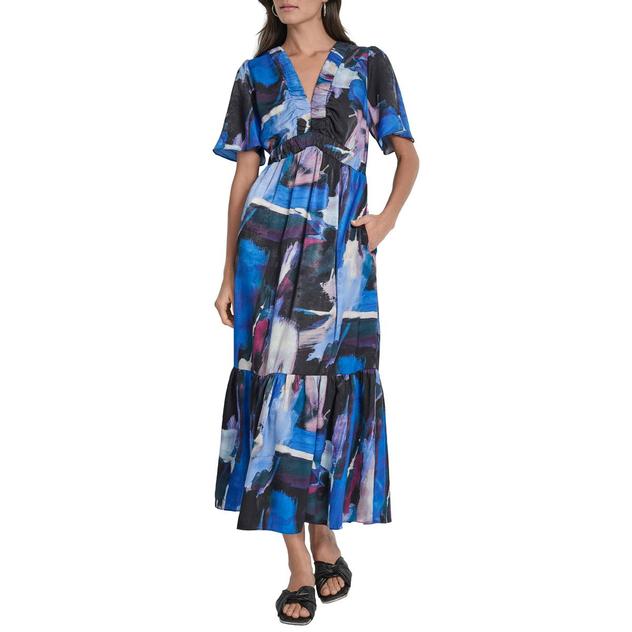 Womens DKNY Short Sleeve V Neck Brushstroke Midi Dress