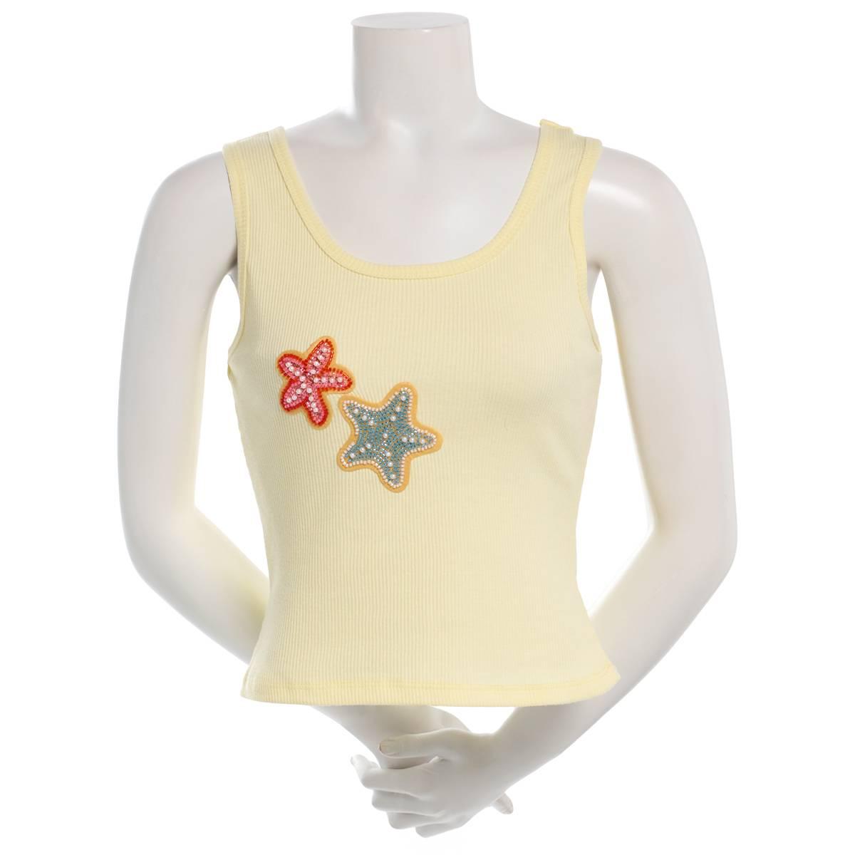 Juniors No Comment Corner Beaded Applique Rib Tank Top -Anise