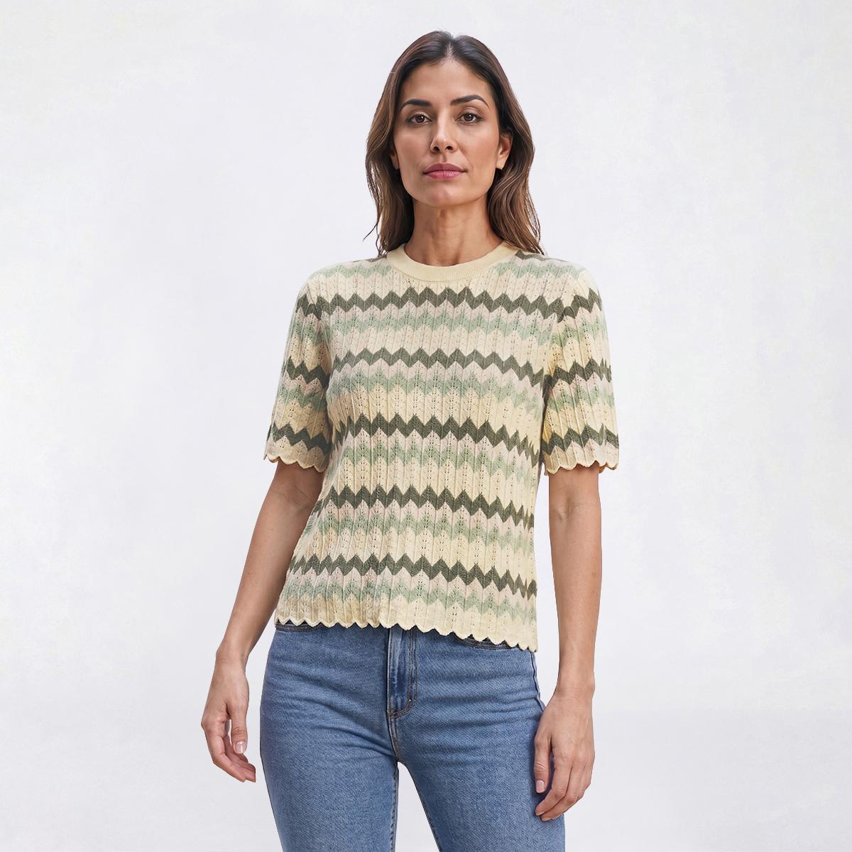 Womens Adrianna Papell Short Sleeve Chevron Stripe Sweater