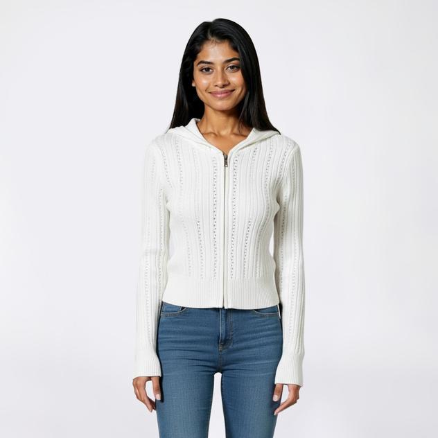 Juniors Madden Girl Wide Rib Pointelle Zip Up Sweater with Hood