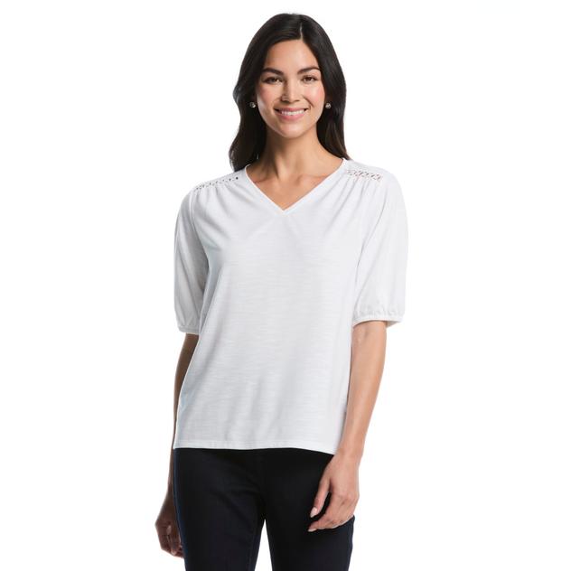 Petite Rafaella® Elbow Puff Sleeve Solid V Neck Blouse