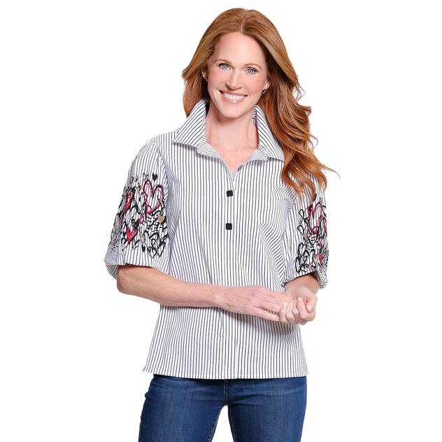 Womens Ali Miles Elbow Sleeve Heart Embroidery Stripe Blouse